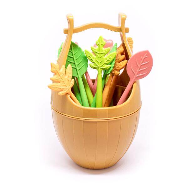 16 Leaf Shaped Food Picks for Kids Bento Lunch Box to Make Mealtime Fun. The package include 16 Leaf Shaped Food Picks and 1 Barrel Container