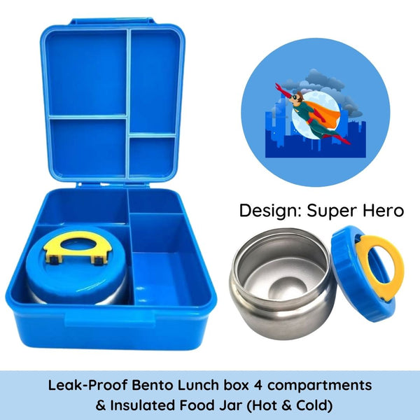 Bento Lunch Box 2in1 - Blue Super Hero - Cold & Hot - With Food Jar