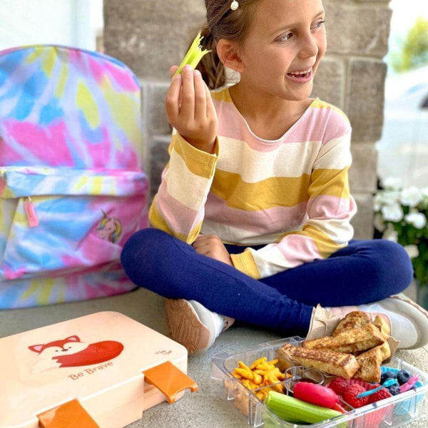 Happy girl eating from here Fox Bento Boxes from Kiddy Planet Bento Lunch Box 2