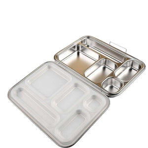 Opened left side view of the Stainless Steel Bento Box Canada are The Best Leakproof 5 Compartments Stainless Stell Bento Lunch Box from Kiddy Planet