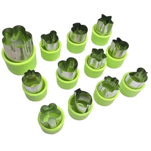 12 Pcs Green Cutters Set with different shape of fish, rabbit, flower, duckling, star, strawberry, mushroom and so on. The cutters Set are made to be included inside Kids Bento Lunch Box