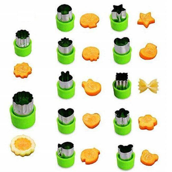 12 Pcs Cutters Set with different shape of fish, rabbit, flower, duckling, star, strawberry, mushroom and so on. The cutters Set are made to be included inside Kids Bento Lunch Box