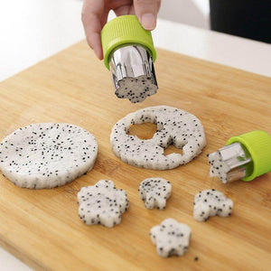 12 Pcs Green Cutters Set with different shape of fish, rabbit, flower, duckling, star, strawberry, mushroom and so on. The cutters Set are made to be included inside Kids Bento Lunch Box to cut their cookies