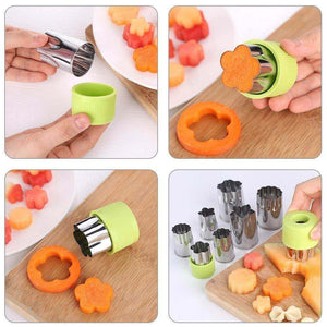 12 Pcs Green Cutters Set with different shape of fish, rabbit, flower, duckling, star, strawberry, mushroom and so on. The cutters Set are made to be included inside Kids Bento Lunch Box to cut their food