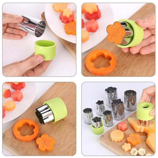 12 Pcs Green Cutters Set with different shape of fish, rabbit, flower, duckling, star, strawberry, mushroom and so on. The cutters Set are made to be included inside Kids Bento Lunch Box to cut their food
