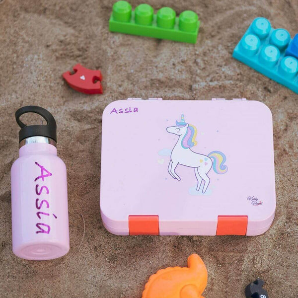 Assia Pink Stainless Steel Water Bottle Personnalized by Kiddy Planet and Pink Unicorn Bento Lunch Box